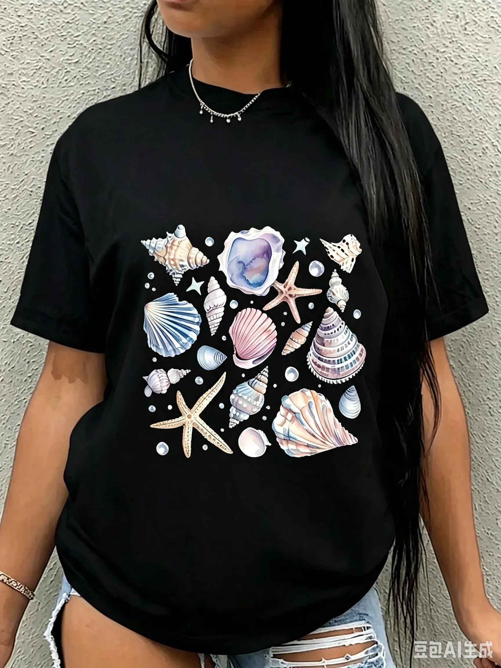 Women Watercolor Seashell Starfish Graphic T‑Shirt, Ocean Beach Print Cotton Tee, Multiple Colors Available, Vacation Casual Top