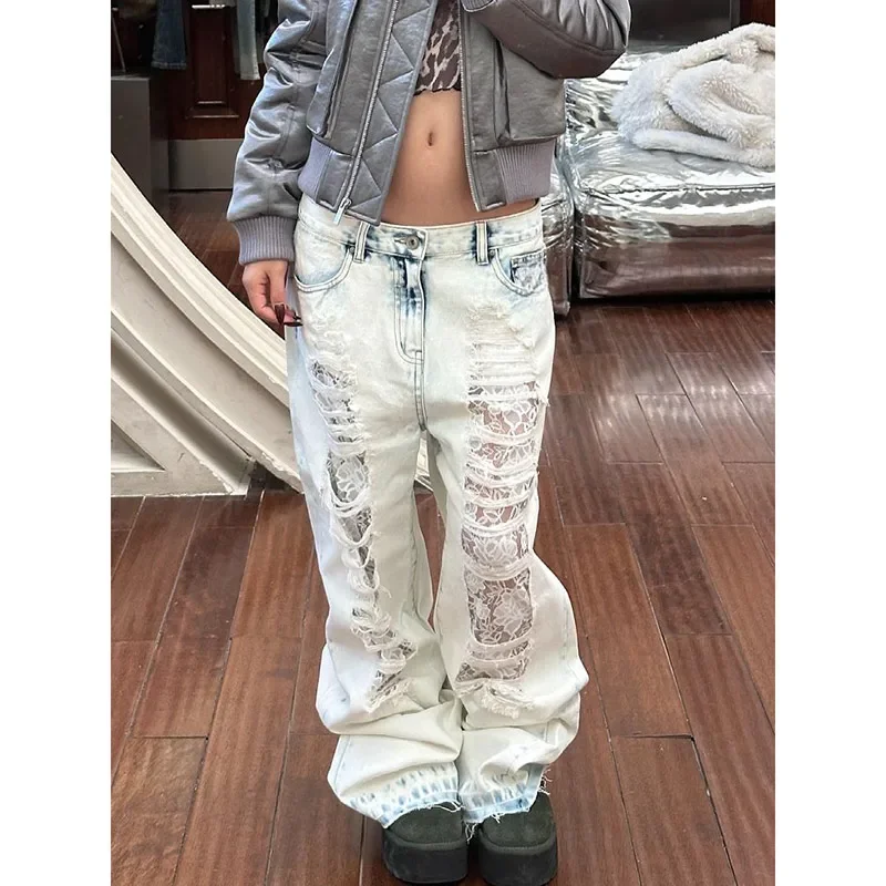 

Vintage Y2k Lace Ripped Jeans Women High Waist Classic Straight Baggy Denim Pants American Retro Streetwear Wide Leg Trousers