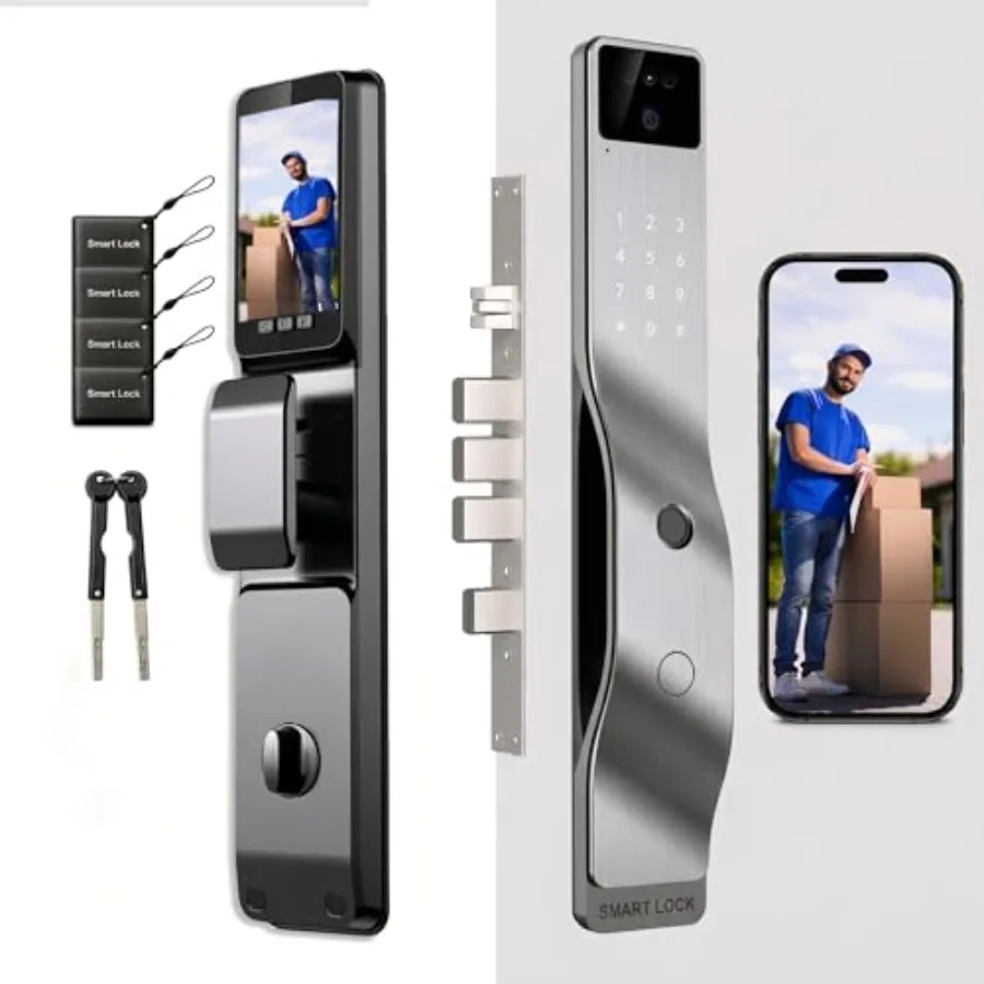 Front Door Security Lock: 3D Face Recognition, 1080p Camera, Palm Vein Fingerprint, Video Intercom, Alexa/Tuya Compatible, Auto