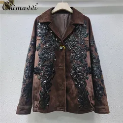Brown Top Women's 2024 Autumn and Winter New Heavy Industry Sequined Embroidered Locomotive Suit Deerskin Velvet Jackets Coat