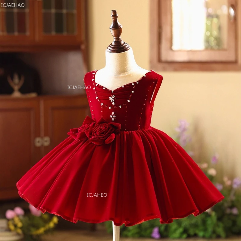 Festive Dress for Girl Wine Red Girls Princess Party Dress Elegant Gown Children Birthday Pageant Formal Clothes for Ramadan Eid