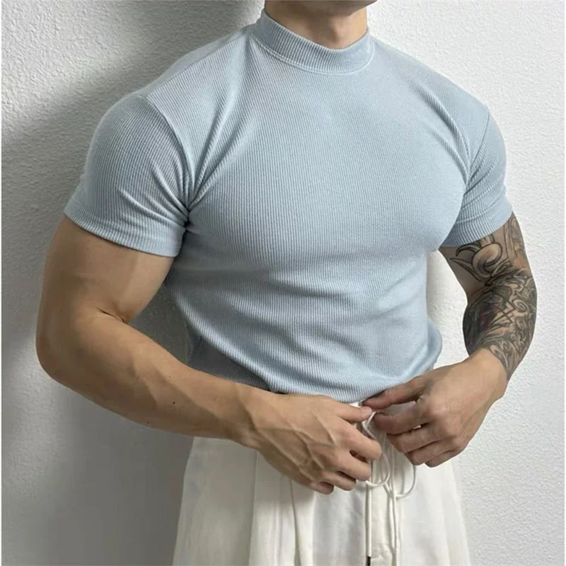 Summer Men's T-Shirts Short Sleeve Fitness Gym Training Tees Half High Collar Solid Skinny T-shirt Male Running Basic Tops