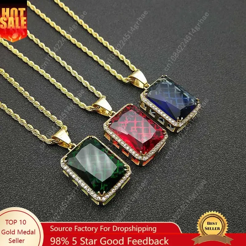 

Vintage hiphop 316L stainless steel Jewelry Big Red Green Stone Necklaces Pendants Crystal Gold color Necklace Gift