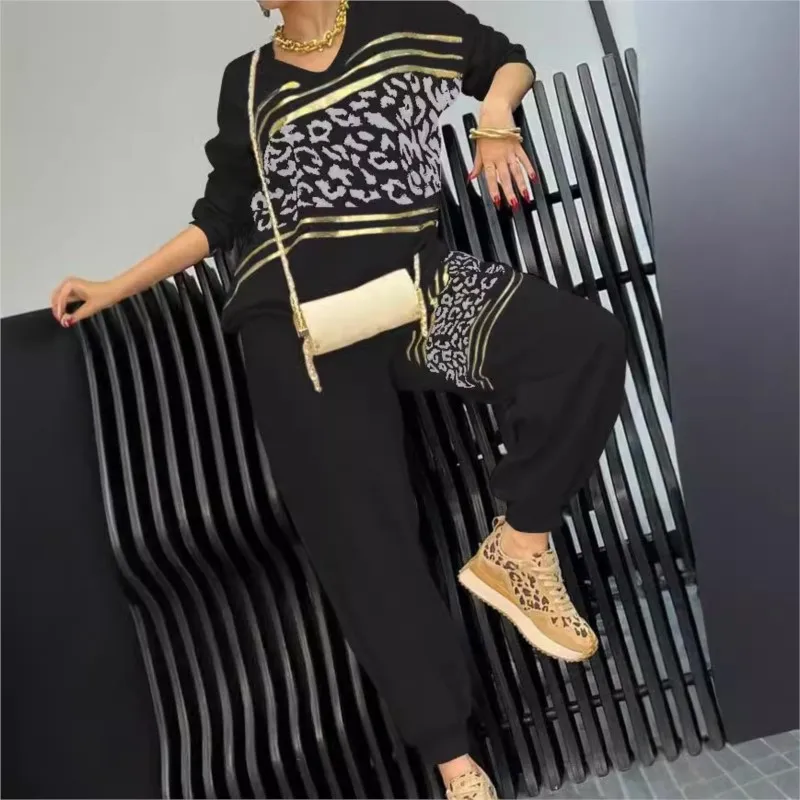 Women\'s Clothing 2024 New Autumn Winter Fashion Leopard Print Hot Stamping Hoodie Two-piece Set Casual Pants Loose Fit