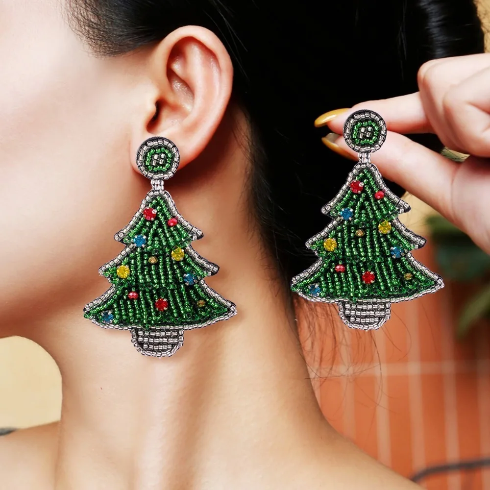عيد الميلاد عيد ميلاد سعيد أقراط مشرق حجر الراين الأخضر اليدوية مطرز الأذن قطرة البوهيمي مجوهرات شجرة عيد الميلاد وأقراط