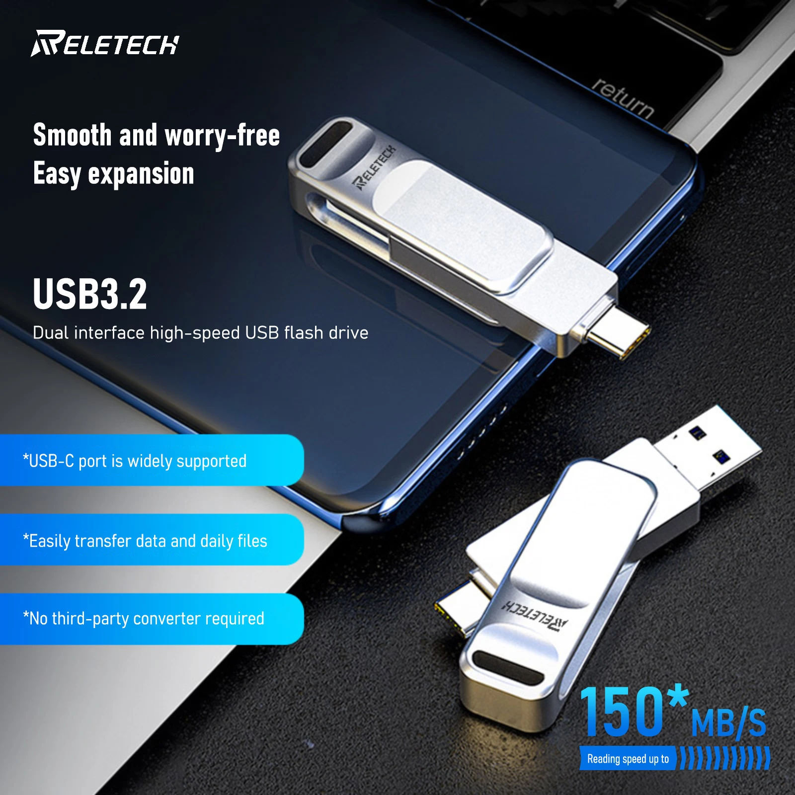 Reletech Z20 2In1 USB3.2&Tpye-C Metal USB Flash Drive Memory Stick High-Speed Transfer TypeC Thumb Drive for Laptop Phone PC Mac