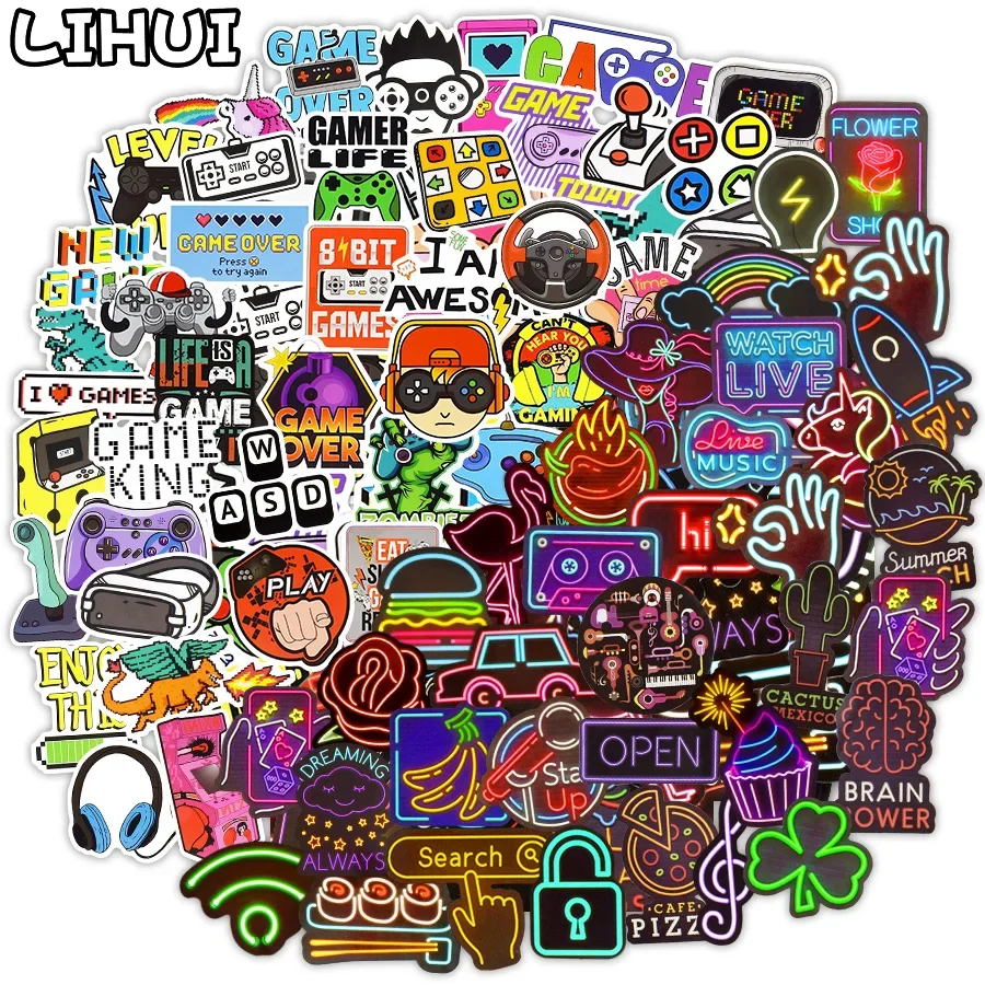 10/100PCS Vintage Video Game Neon Stickers for Laptop Skateboard Car Phone Luggage Fridge Waterproof Decals Cartoon Sticker Pack