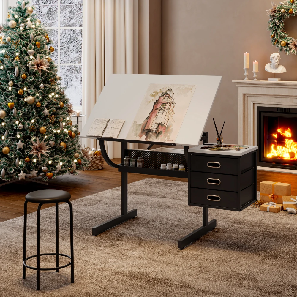 طاولة رسم بيضاء قابلة للتعديل مع مقعد و3 أدراج #2