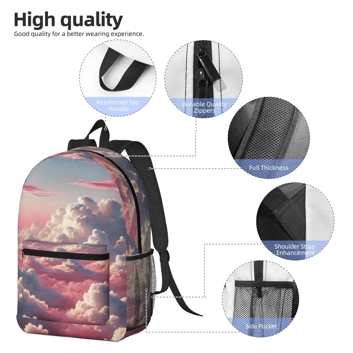 Pink Clouds Sky Large Sunset Glow Backpack Student BookBag Children School Bag Laptop Shoulder Bags for Men Women