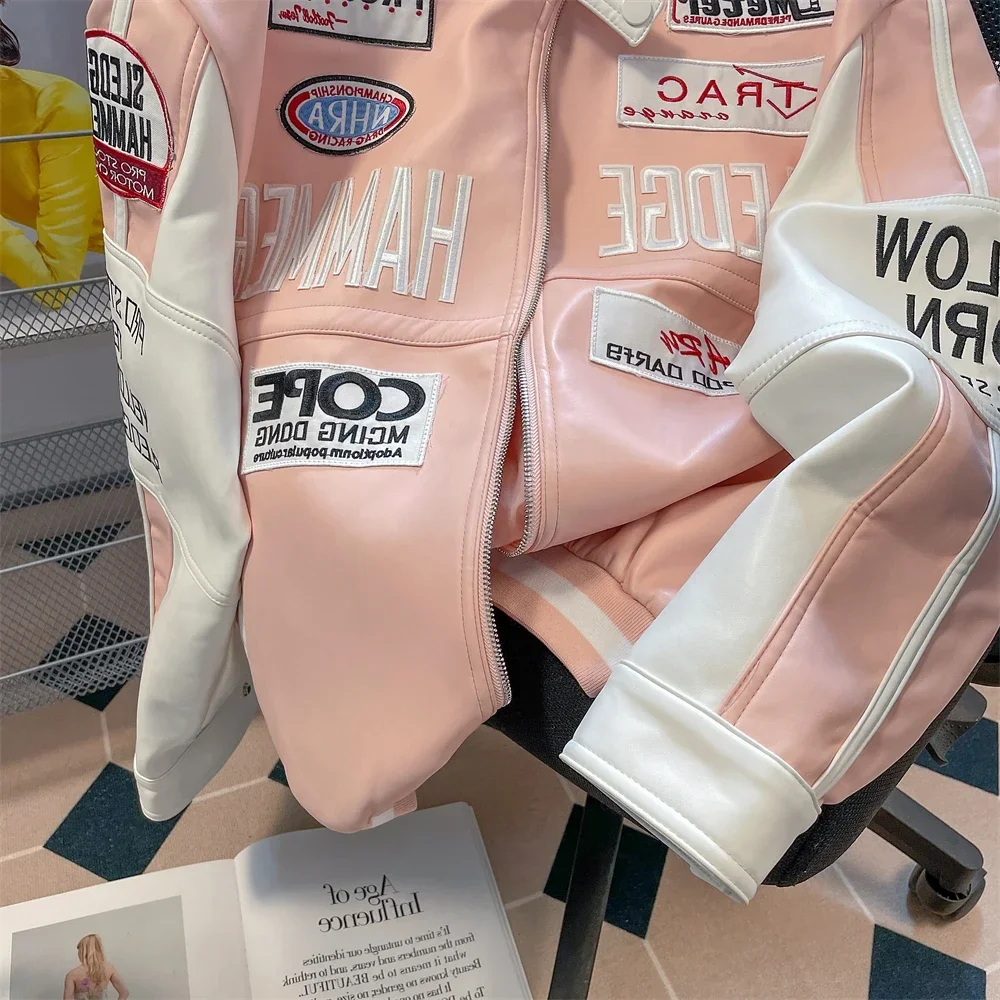 Chaqueta de motocicleta de cuero para mujer, chaqueta Rosa americana, costura Y2K, chaquetas bordadas a prueba de viento, alta calidad, Hip Hop,