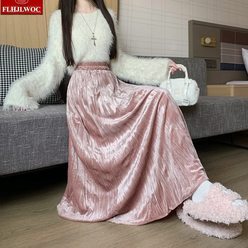 New Year Soft Velvet Skirts Winter Outerwear All-Match Women Cute Girls Solid Elastic Waist A Line Black Pink Thick Skirt Long