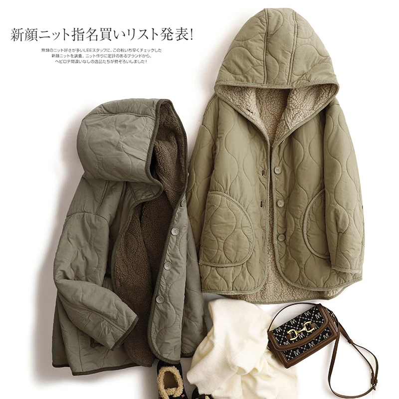 

Thiened Fce Women's Cotton Jaet Coat Vintage Loose Warm Winter Hat Cotton Clothes cotton-padded jacket casual fleece coat