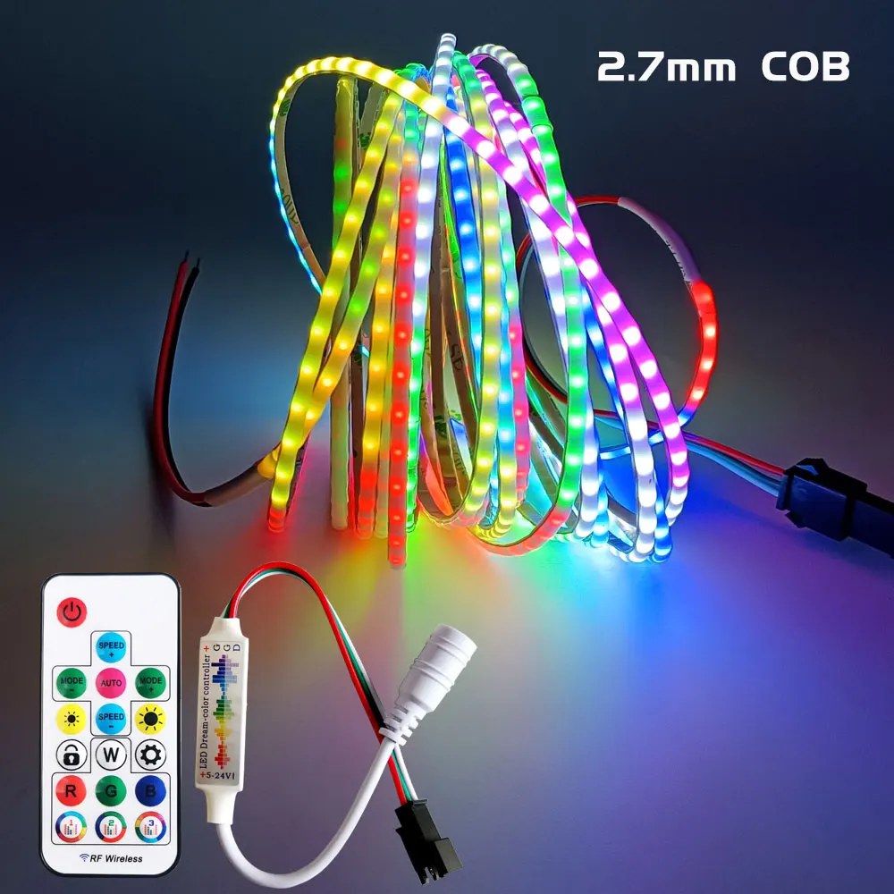 

2.7mm COB LED Strip Kit WS2812B Individually Addressable Flexible RGBIC Super Narrow Pixel Light with 17 Keys Music Controller