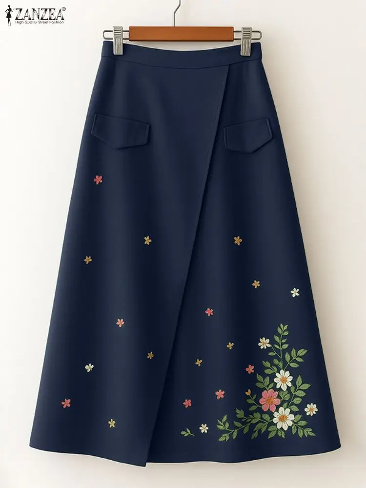 2025 ZANZEA الخريف مرونة الخصر Faldas Saia Jupes خمر النساء التنانير الأزهار المطبوعة رداء فام عادية فضفاض ألف خط Vestidos