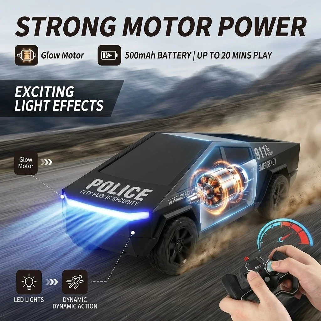 2.4G Remote Control Cyber Pickup Truck, RC Police Car with LED Lights, Rechargeable Off Road Racing Vehicle Toy for Boys Gifts view 3