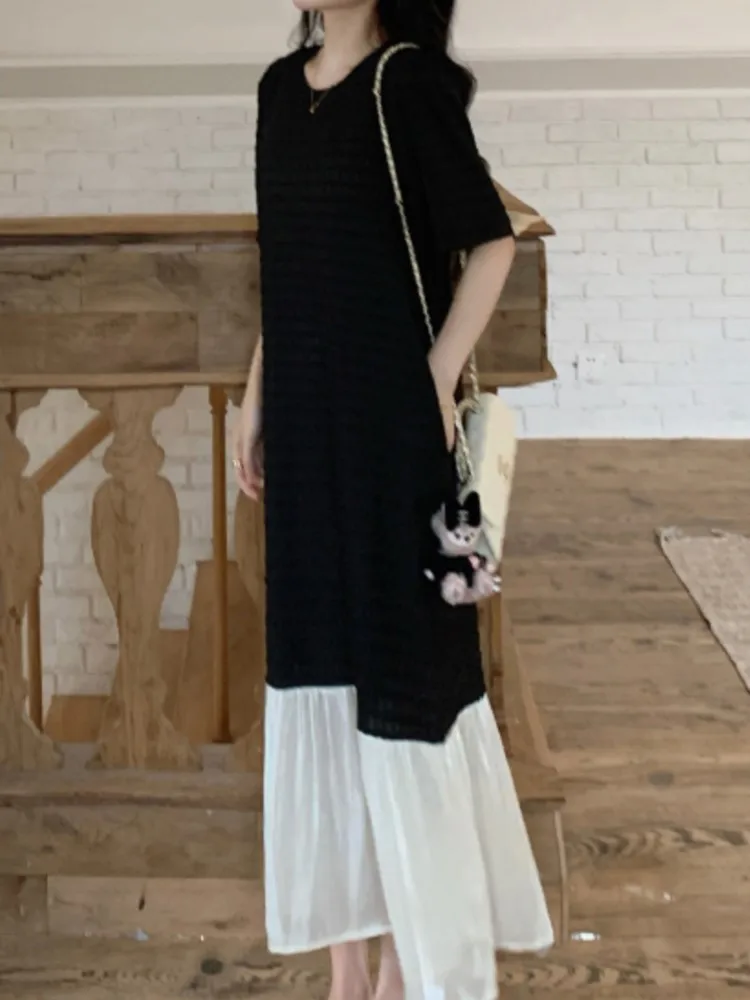 فستان نسائي كوري صيفي جديد من فيستدوس رداء Elbise فضفاض مقاس كبير وأكمام قصيرة مرقعة بحاشية من الساتان فستان طويل #2