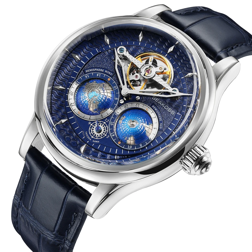 SEAKOSS Luxe dubbele aarde roterende mechanische herenhorloge Automatisch uurwerk Waterdichte klok Piloten Heren 1963 vliegwielhorloges