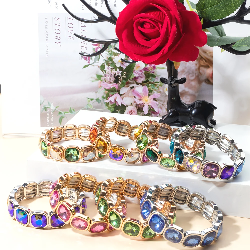 New Trendy 2024 Colorful 15mm Rhinestone Women Bracelet Enamel Gold Sliver Color Beads Elastic Bangle Boho Jewelry Accessories