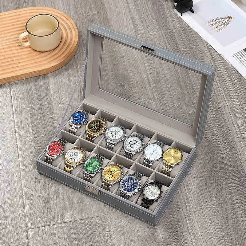 جديد رمادي ساعة جلدية صندوق تخزين صندوق عرض صندوق مجوهرات جمع صندوق جلد عالي Rnd صندوق أكل مع مرآة ماكياج #6