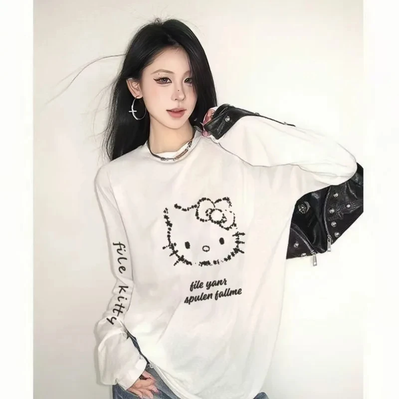 Hellokity Y2k T-shirt à manches longues fille épicée doux Cool Harajuku T-shirt Kawaii dessin animé vêtements de sport amples pour femmes haut décontracté