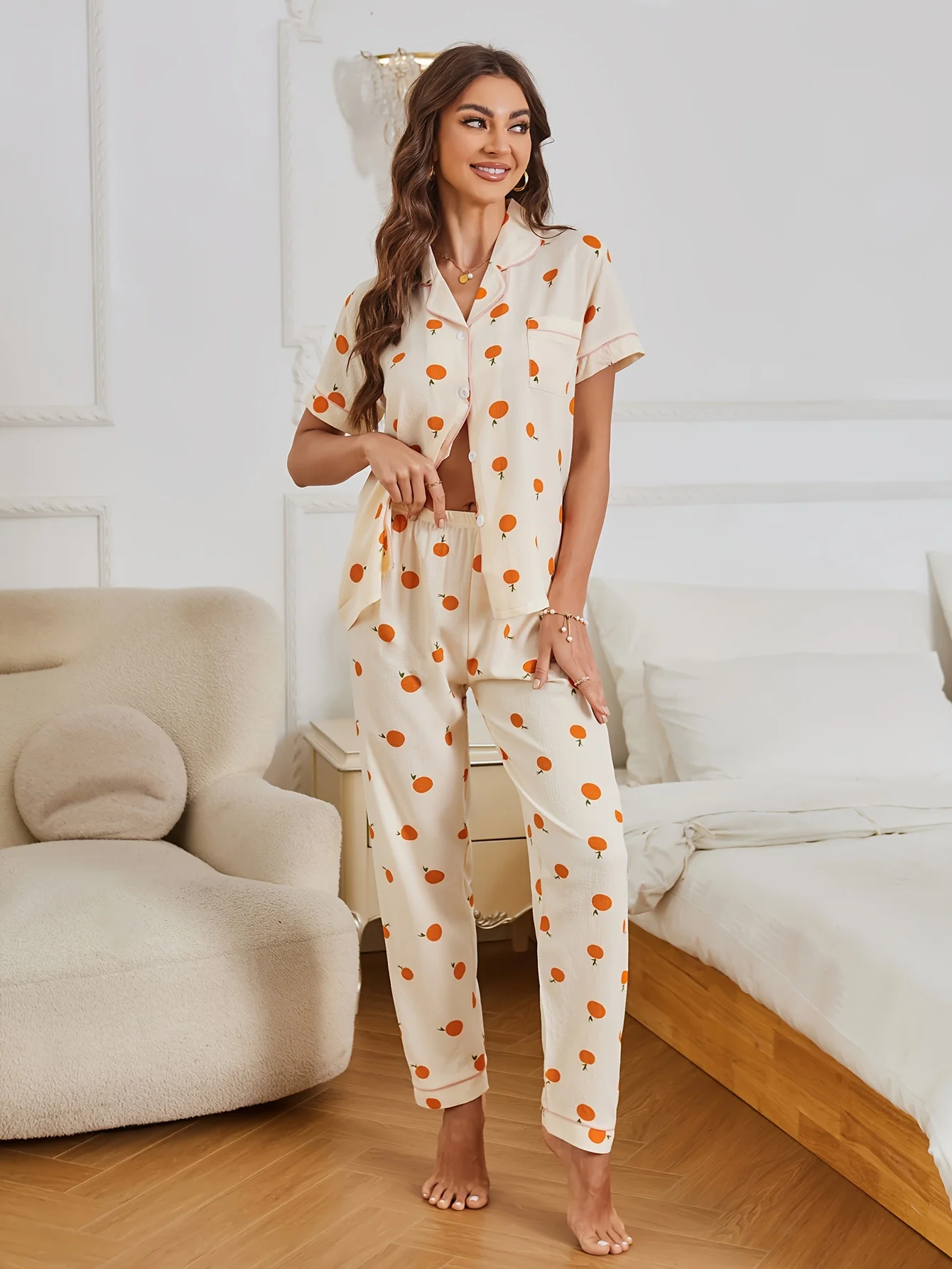 Allover Orange Print Pajama Set Casual Short Sleeve Buttons Lapel Top & Elastic Pants Women\'s Sleepwear