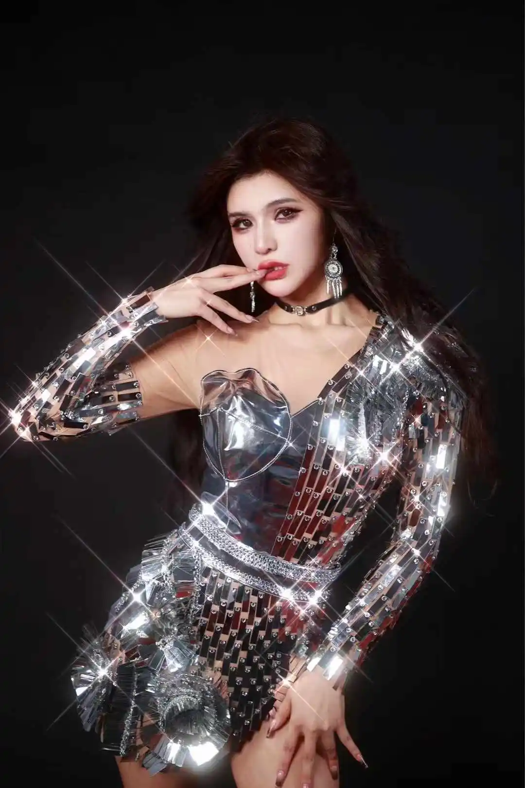 Shinning Sequined Mirror Dress For Women Clubwear Night Outfit Dance Singer Stage Wear Drag Queen Costume Cheerleading Team New