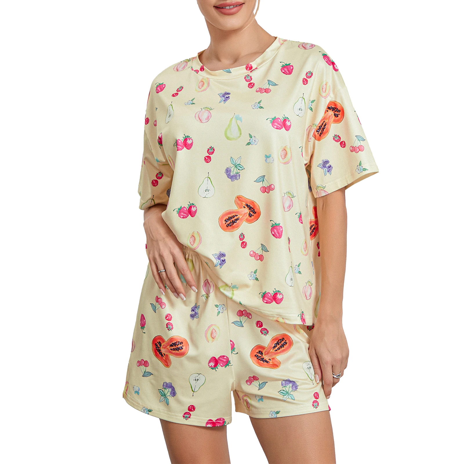 Women Pajamas Set Summer Strawberry Print Crew Neck Long Sleeve Loose Tops and Elastic Waist Pants 2 Pieces Loungewear Homewear