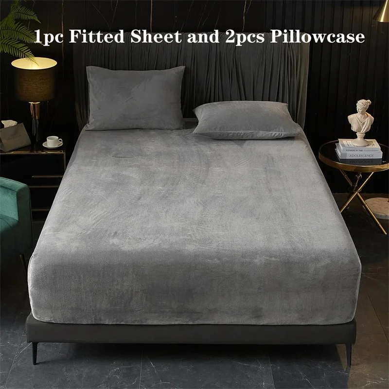 

Thick Velvet Fitted Sheet and Pillowcase 3 Pieces Set High Quality Non Slip Mattress Cover Protector Soft Bed Sheet Pillow Case