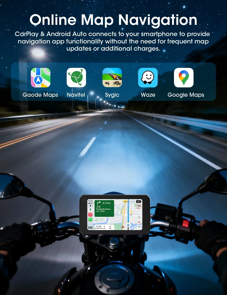 5-Zoll-Motorrad-Navigationsgerät mit drahtlosem CarPlay, Android Auto, Dual-Bluetooth, Moto-Monitor, Unterstützung für TPMS, IPX7 wasserdichtes Display – Detail 7