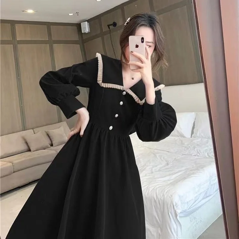 Lantern Sleeve Dress Women Elegant French Style Sweet Vintage Autumn Peter Pan Collar Temper Princess Girlish Vestidos Lace Chic