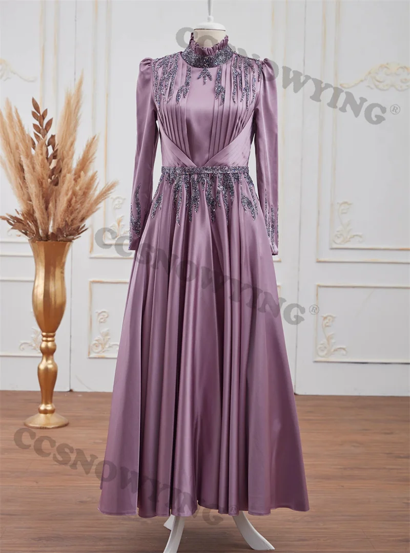 

Elegant Appliques Beaded Muslim Evening Dresses Long Sleeve Islamic Formal Party Gowns High Neck Women Arabic Robes De Soirée