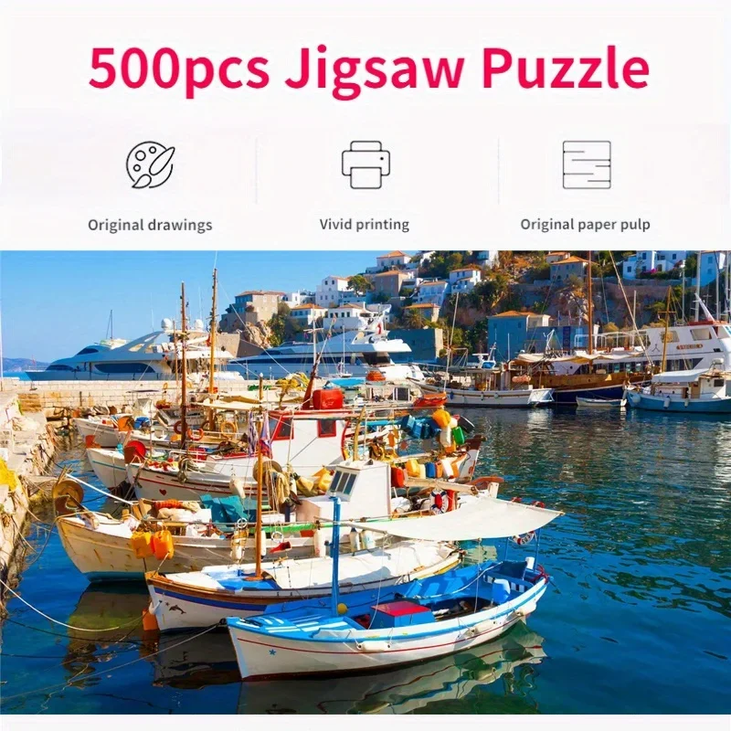

500 Pieces Jigsaw Puzzle for Adults Painting Island Boat Port Paper Puzzles Home Decor Wall Display Birthday Festival Toys