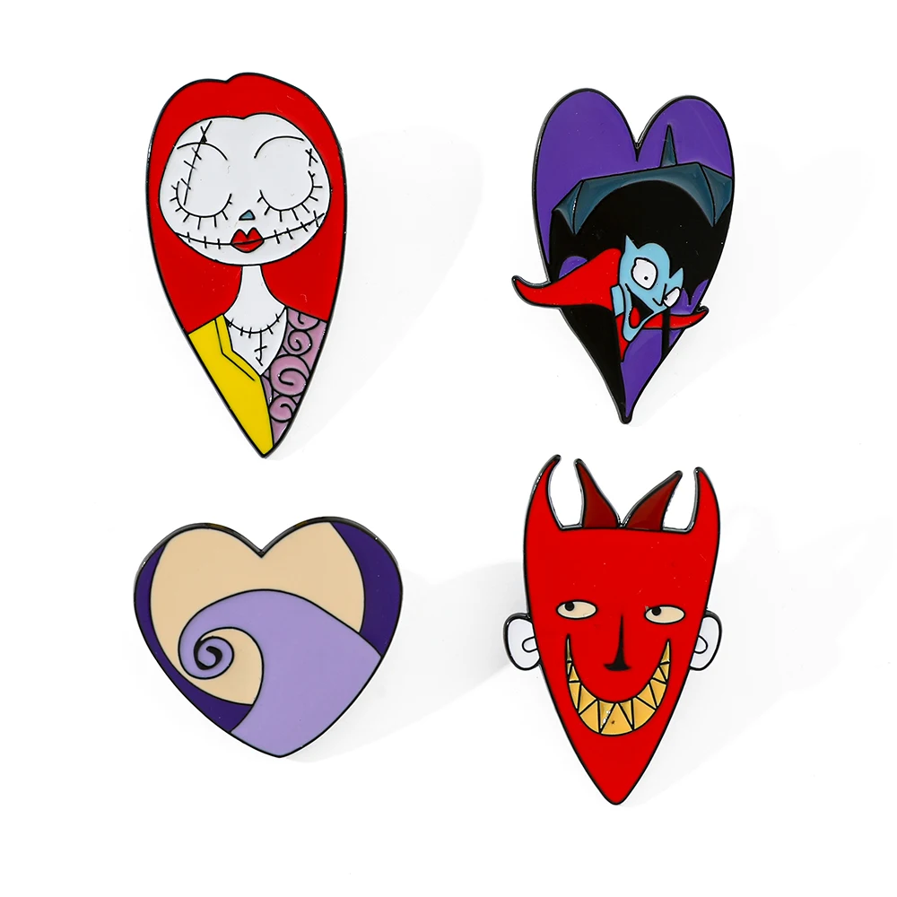 4 Pcs Cartoon The Nightmare Before Christmas Brooch Creative Heart-Shaped Sally Oogie Boogie Enamel Pin Metal Badge Jewelry