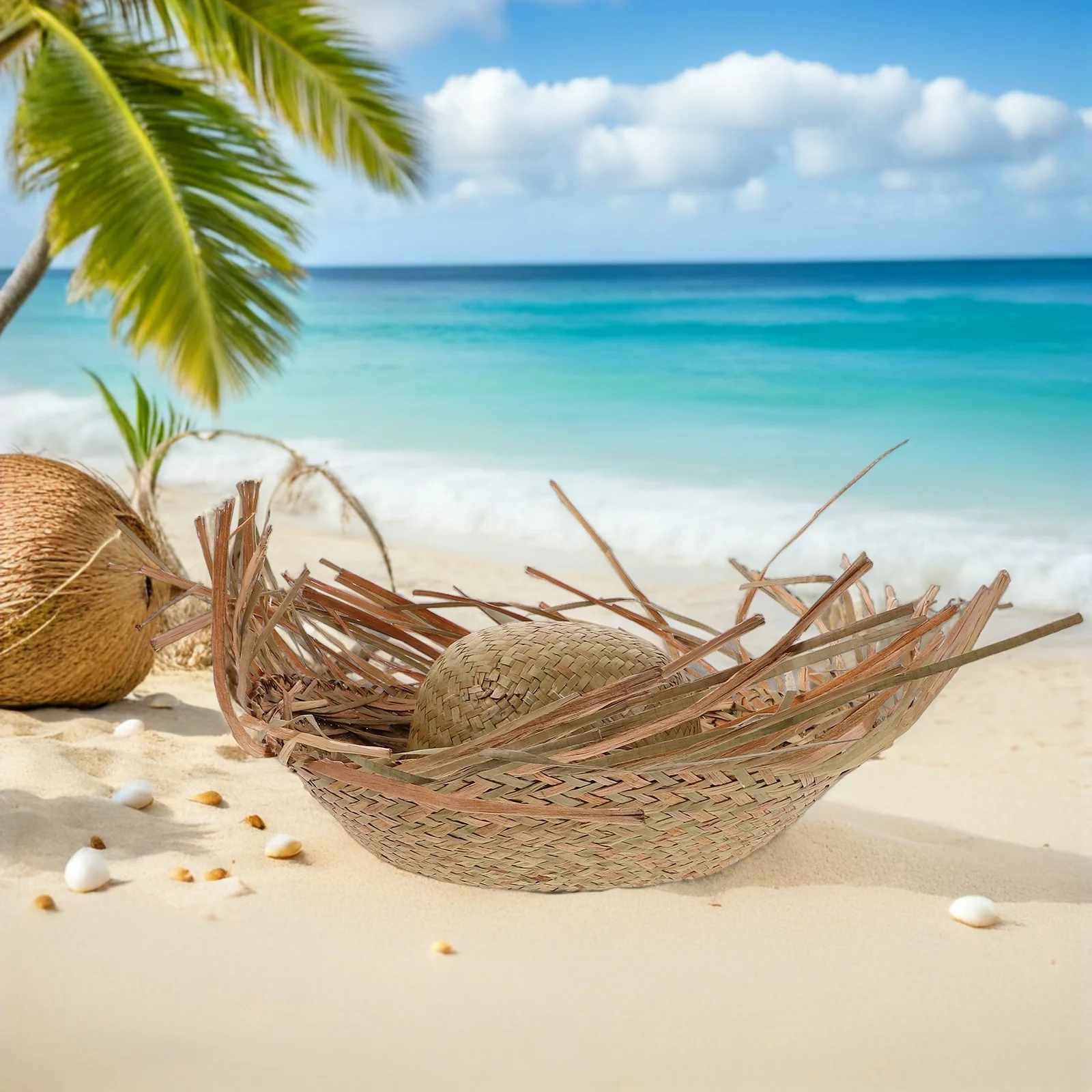 

2pcs Hawaiian Straw Woven Sun Hat For Women Beach Party Tropical Decoration Vacation Accessory Travel Bucket Hat Decorative