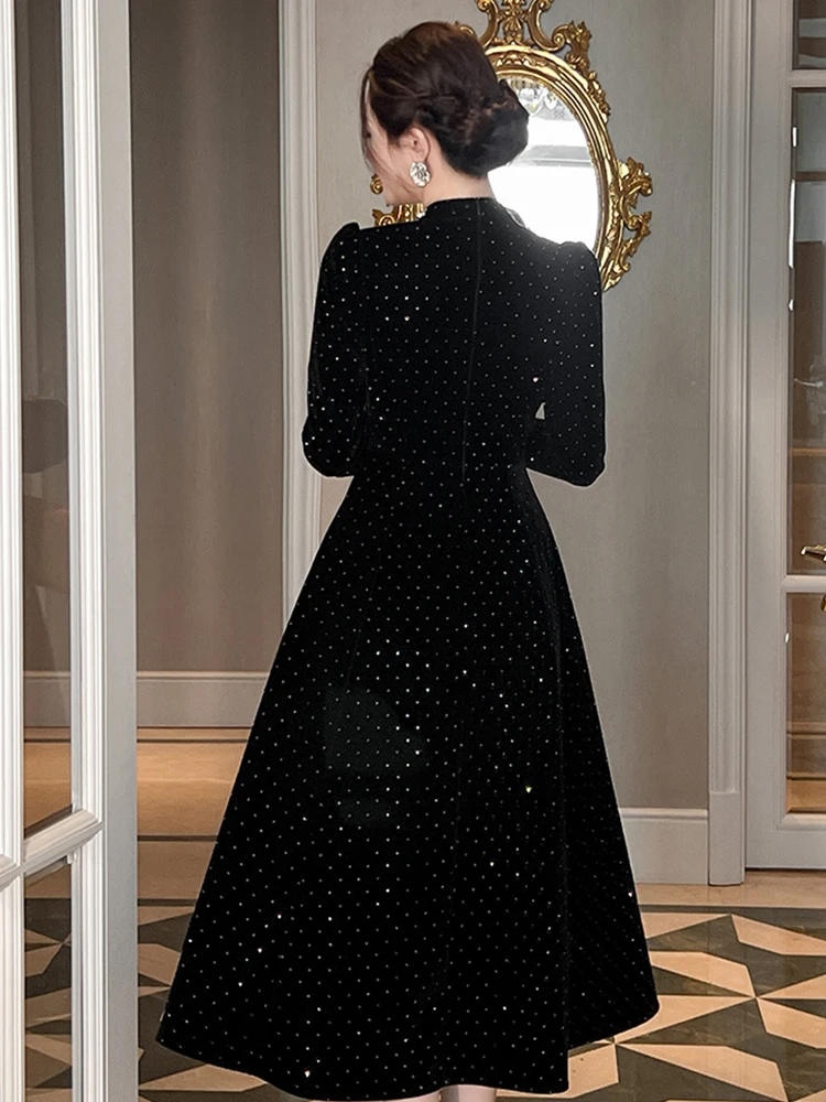 Dames Vintage Elegante Banketjurken Frans Zwart Kant Splice Heldere Steentjes Swing Gewaad Vrouwelijke Feest Prom Vestidos Dame