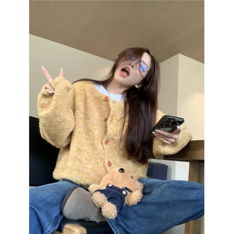 

Korean Sle round Ne Long Sve Knitted Sweater Coat Women's Winter New Lazy Loose Slimming Open Cardigan Top