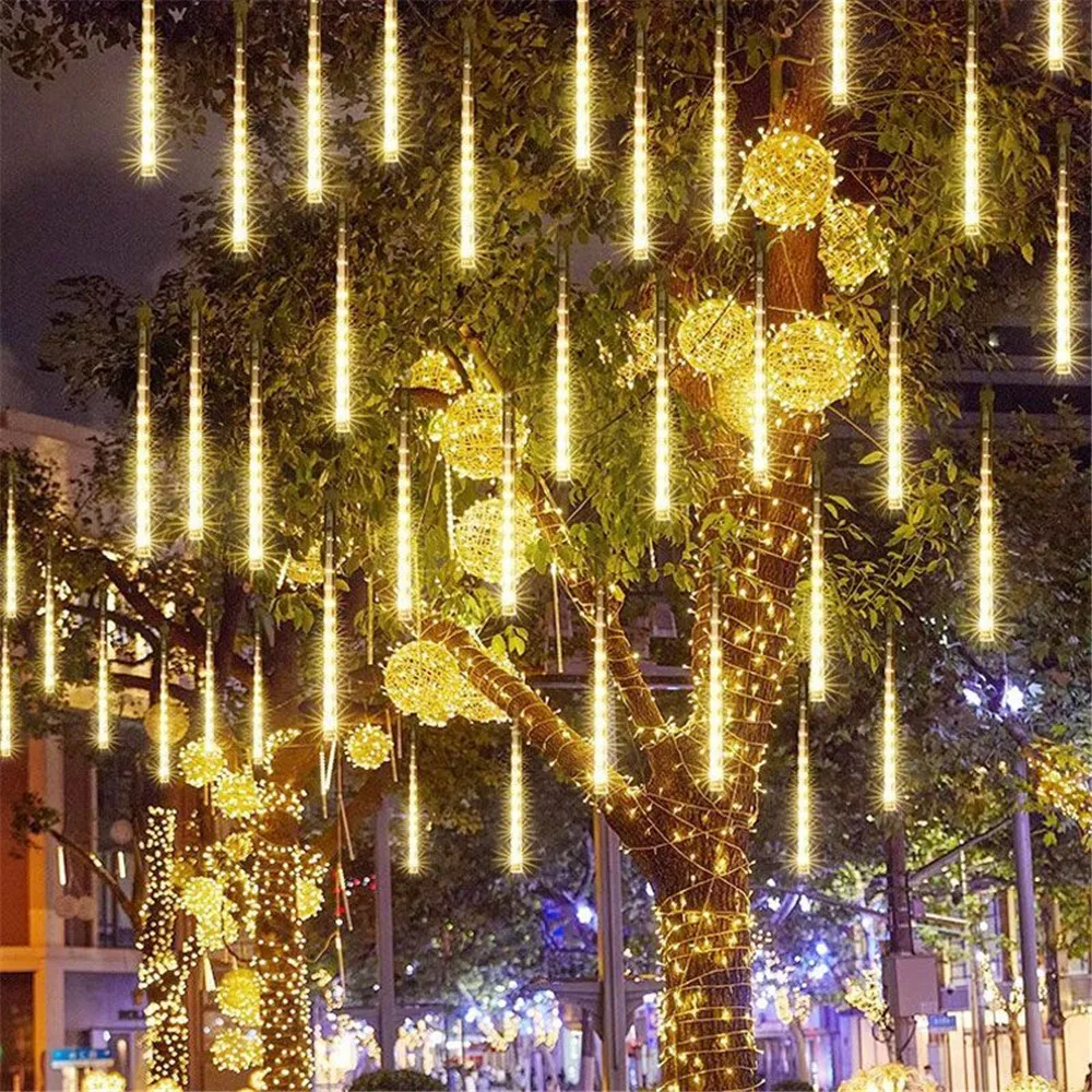 

32/24/16/8 Tube Christmas Decor US/EU Plug Garden Light String Garland Street Light Outdoor LED Lighting Meteor Shower Lights