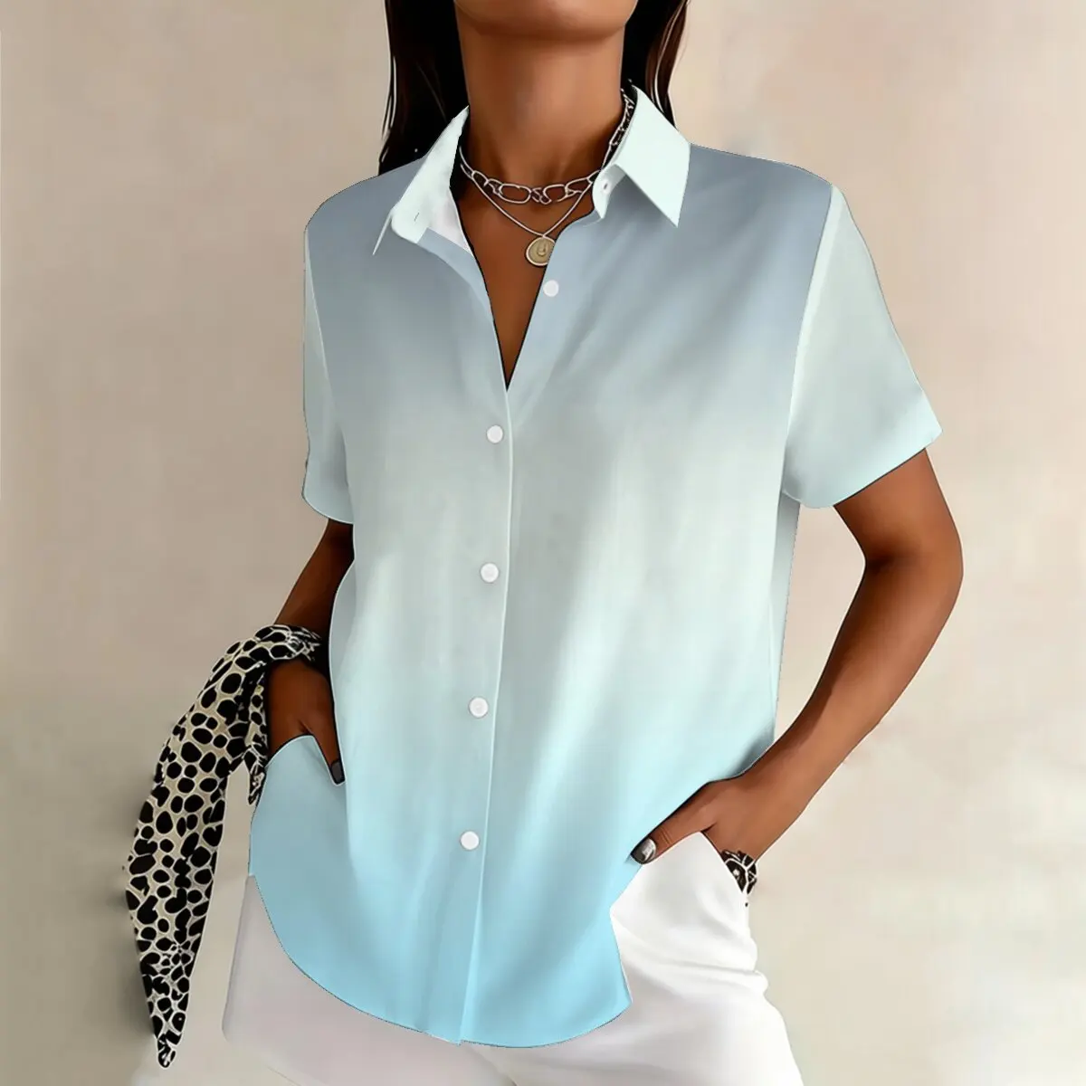 

Simple and personalized dark gradient print summer women's plus size lapel short sleeved shirt fashionable daily versatile top