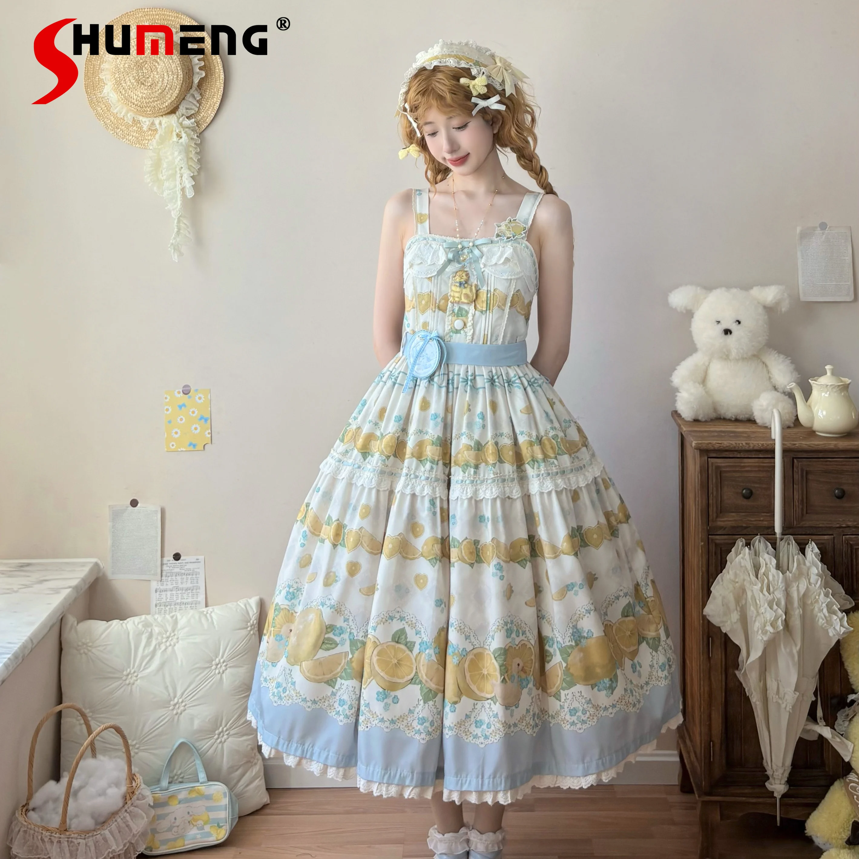 

Mori Girl Cla Sweet Elegant Long Suspender Dress JSK Summer New Japanese Girls Cute Bow Print Lolita Dress Daily Cotton Dress