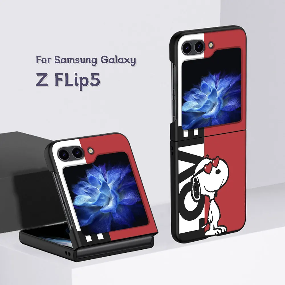 S-Snoopy Cartoon Luxury Cell Phone Case for Samsung Galaxy Z Flip5 Black Cover Z Flip 5 Hard PC Folding Shell Zflip5 Cases Funda