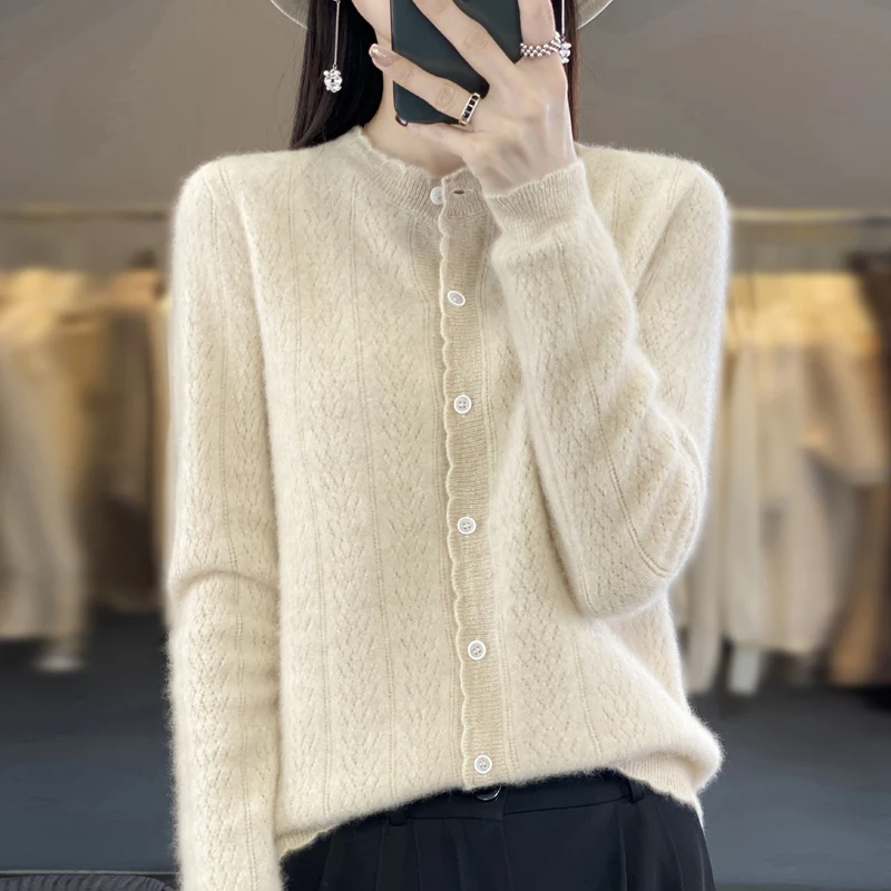 Autumn Winter 100% Wool Cardigan Sweater Women Clothing O-neck Sweater Female Long Sleeve Tops Knitted Fashion Warm New Sweater