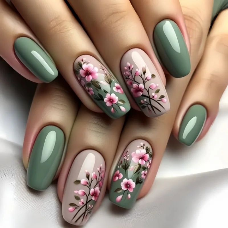 

24 Pcs Green Press on Nails Set with Glue Medium Short Stick-on Nails Flower Nail Tips Self-nail Spring Summer Sticky Nails 2025