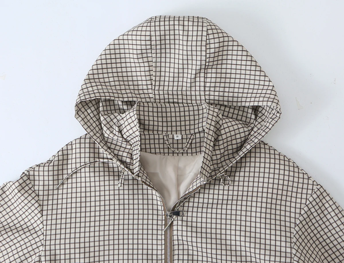 KONDALA Women Casual Plaid Hooded Zip-up Jacket Street Classic Elegant Jacket 2026 Early Fall Trendy Commute Chic Lady Jackets