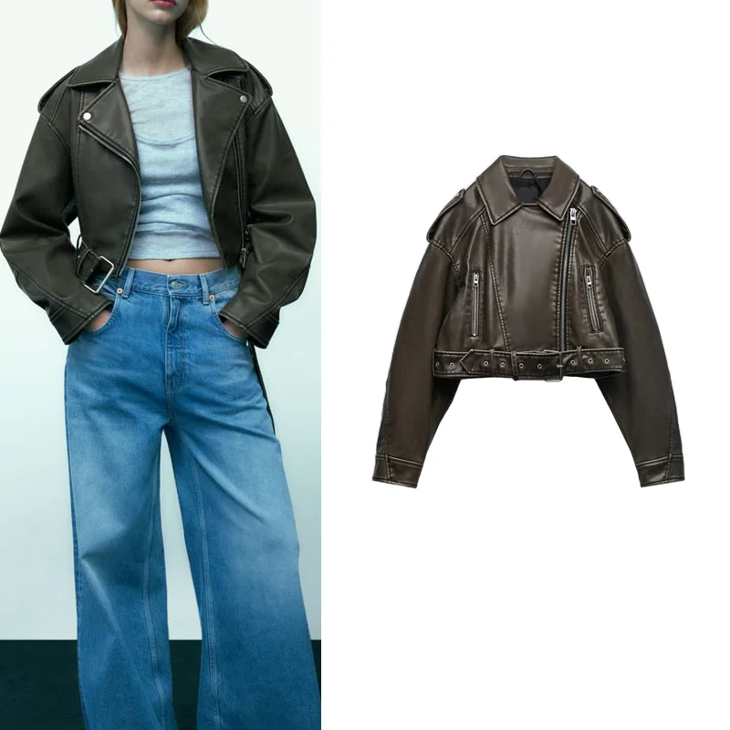 Spring New Sle Motorcycle Leather Jaet Stand Collar Loose ort PU Faux Leather Coat Outerwear Women's Commute Faion