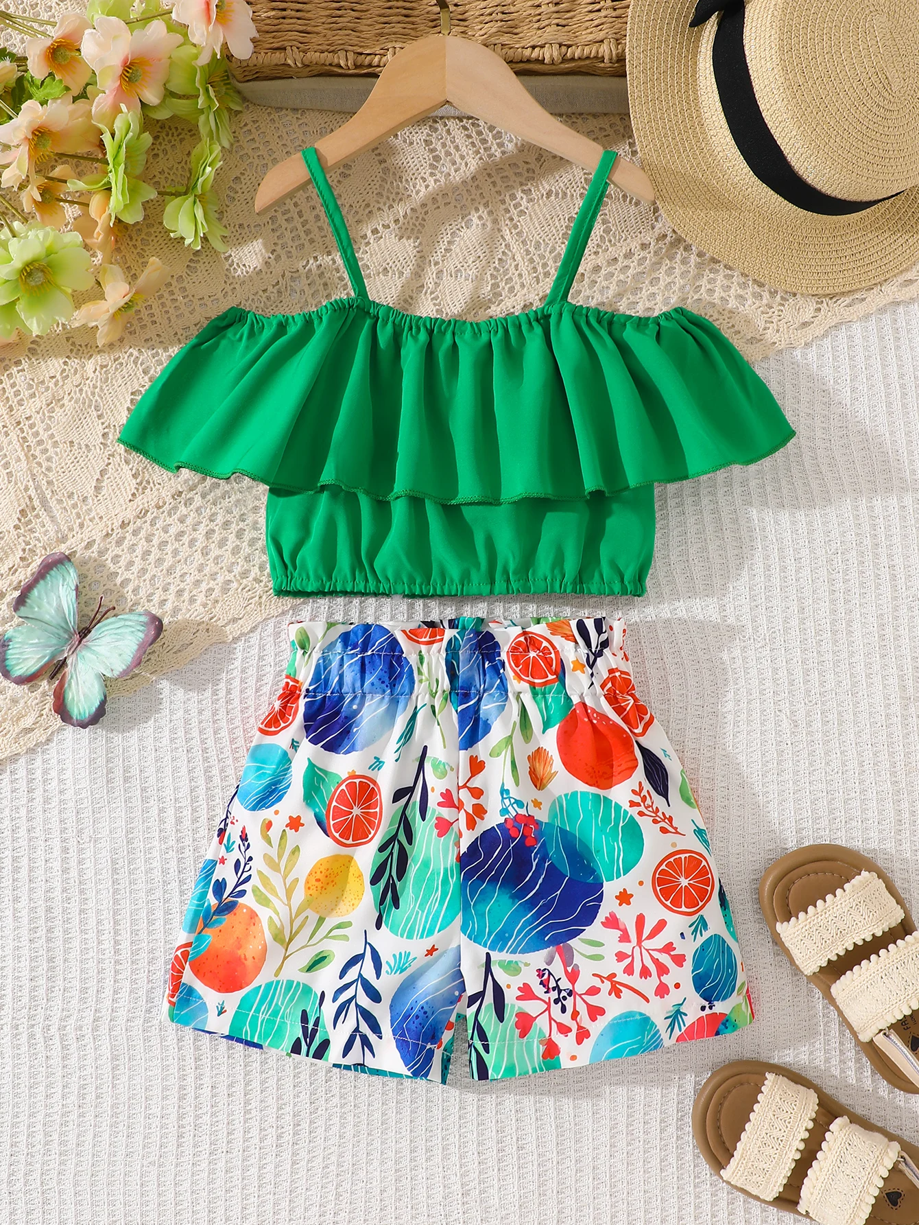 Ruffle Strap Top And Tropical Fruit Print Shorts 2-Piece Set Girls Summer Casual Fashion Vacation Clothing Outfit