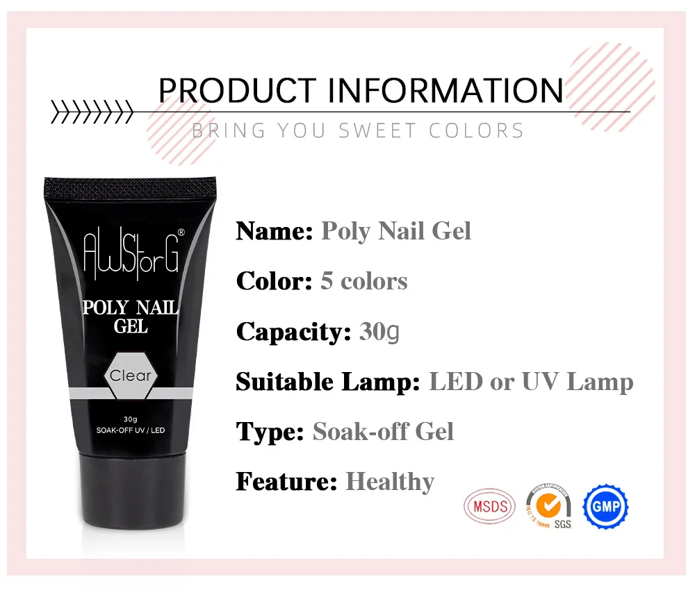 AWStorG Hema Free Poly Nail Gel 30ML Acrylic Gel Finger Extension Transparent Nail Art Extension Quick Building Soak Off UV
