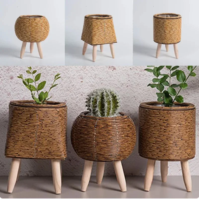 Fashion Rattan Woven Flower Pot Creative Flower Planters With Removable Legs Durable Hand Wove Plant Stand