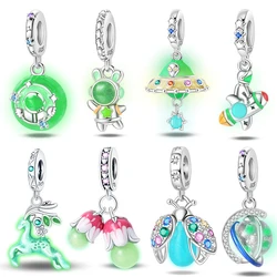 925 Silver Color Luminous Planet Spacecraft Astronaut Firefly Charms Beads Fit Qikaola 925 Bracelets DIY Christmas Jewelry Gifts