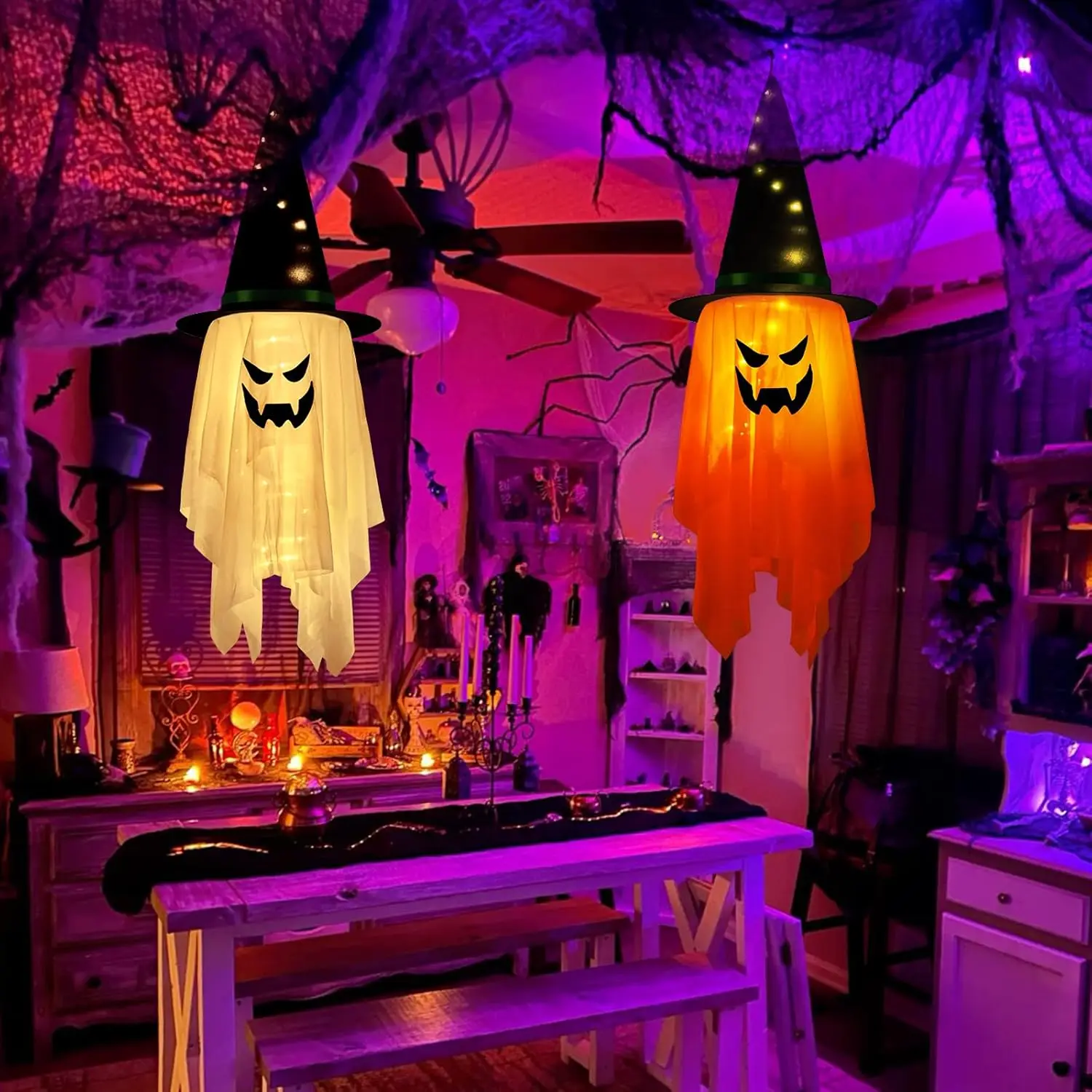 LED Flying Witch Hats Halloween Decorations Hanging Ghost Lights Glowing Wizard Lamp for Bar Party Dress Up image 3