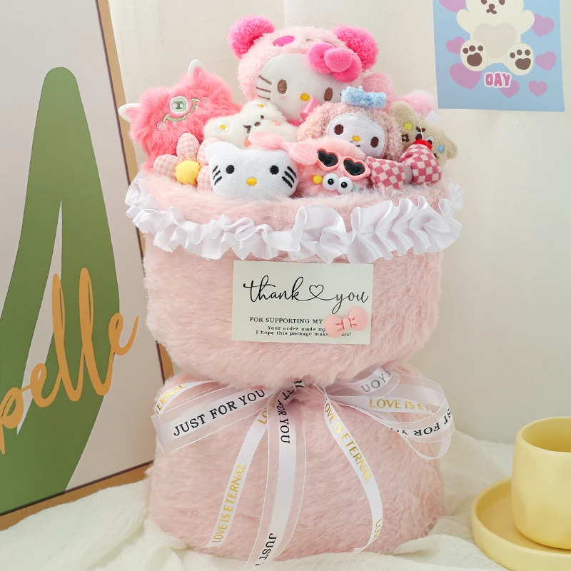 Sanrio Hello Kitty Plush Doll Bouquet Flowers Anime Cartoon Soft Fashion Plush Flower Room Decoration Girl Child Holiday Gifts